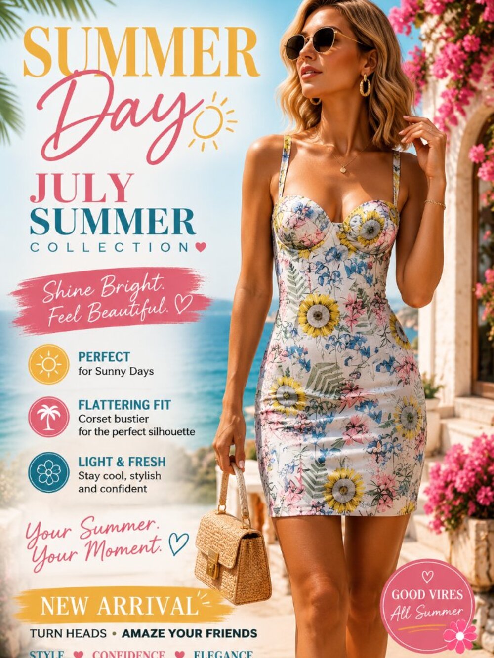 MARCIANO -8-STRAPS AND COUTURE DRESS-FLORAL SOFT PINK, BLUES, YELLOW, GREENS